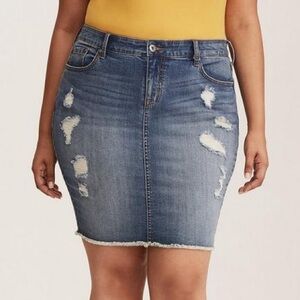 Torrid Distressed Medium Wash Denim Mini Skirt